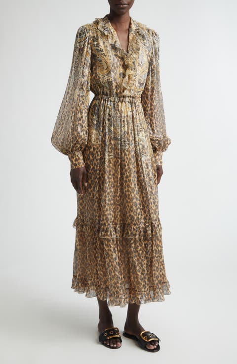 Silk Blend Metallic Plissé Maxi Dress