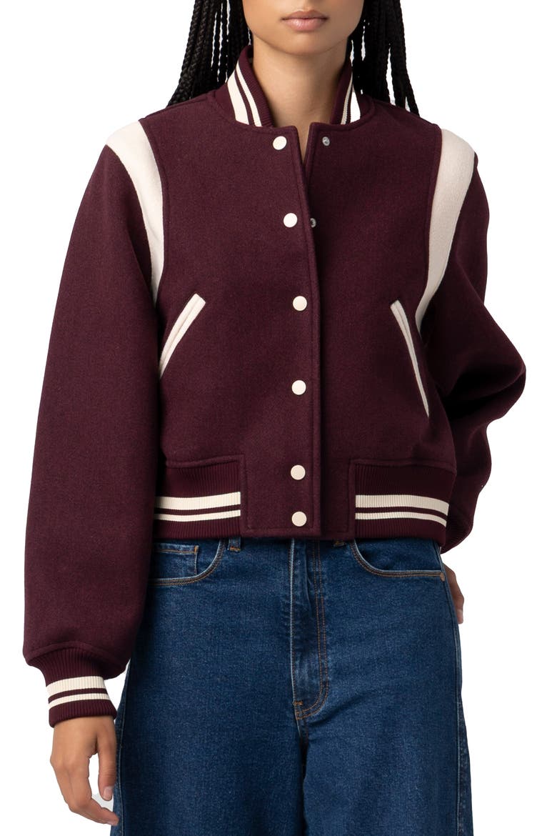 Varsity Bomber Jacket, Main, color, WINE