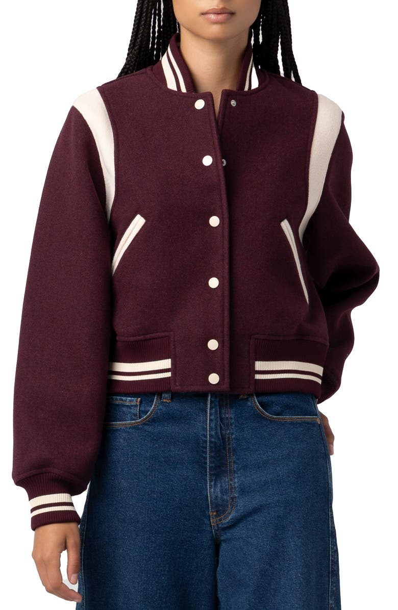 BLANKNYC Varsity Bomber Jacket, Main, color, Wine