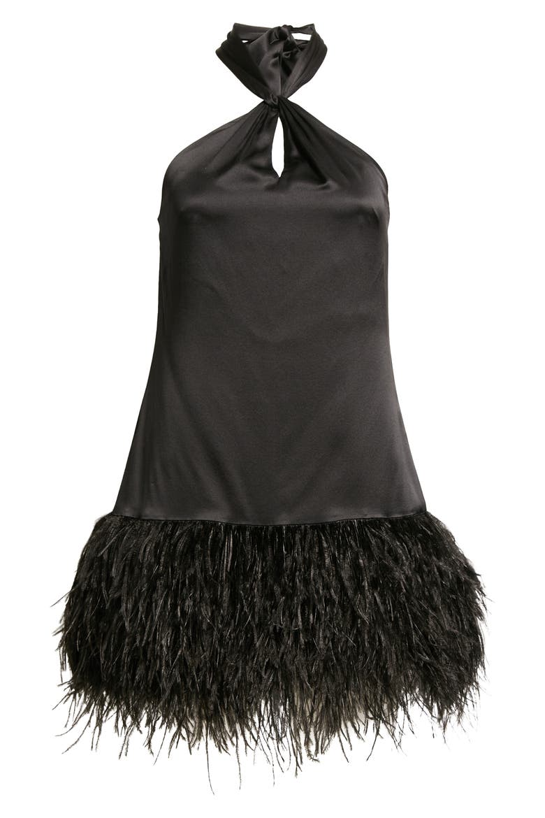 Barb Feather Hem Silk Halter Dress, Alternate, color, BLACK