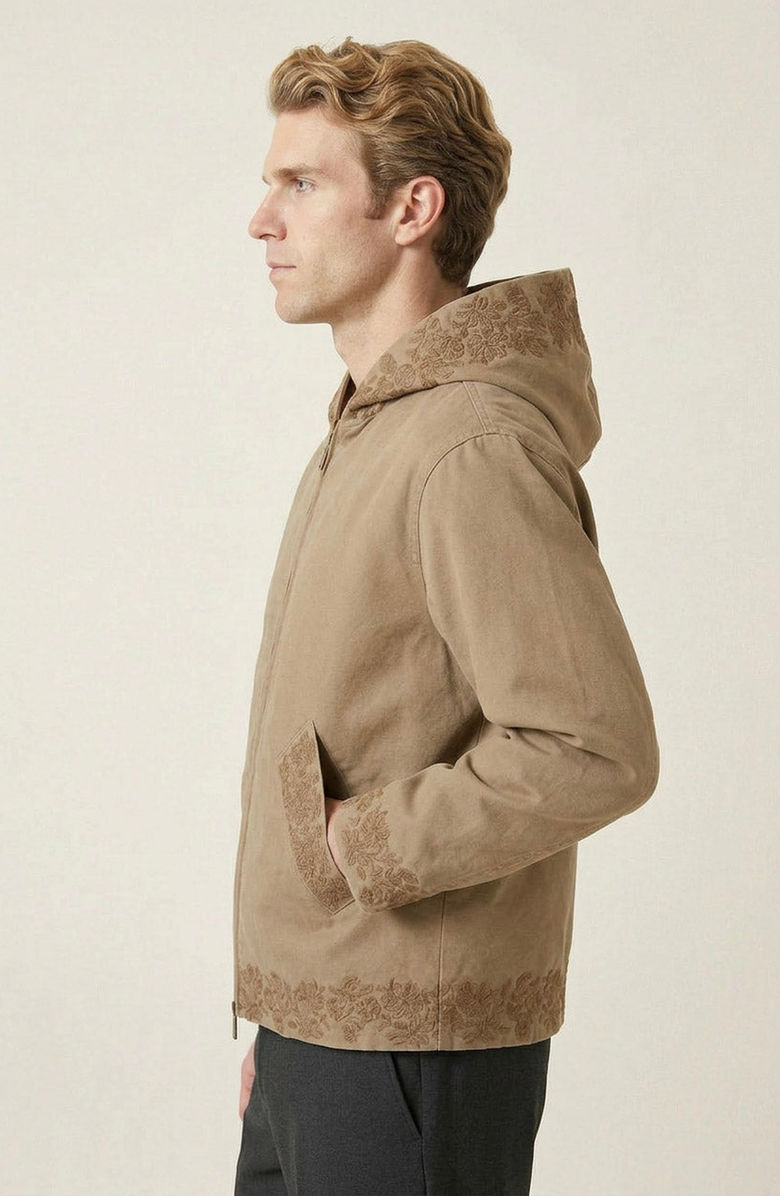 Modenaire Embroidered Trim Hooded Jacket, Alternate, color, Tan