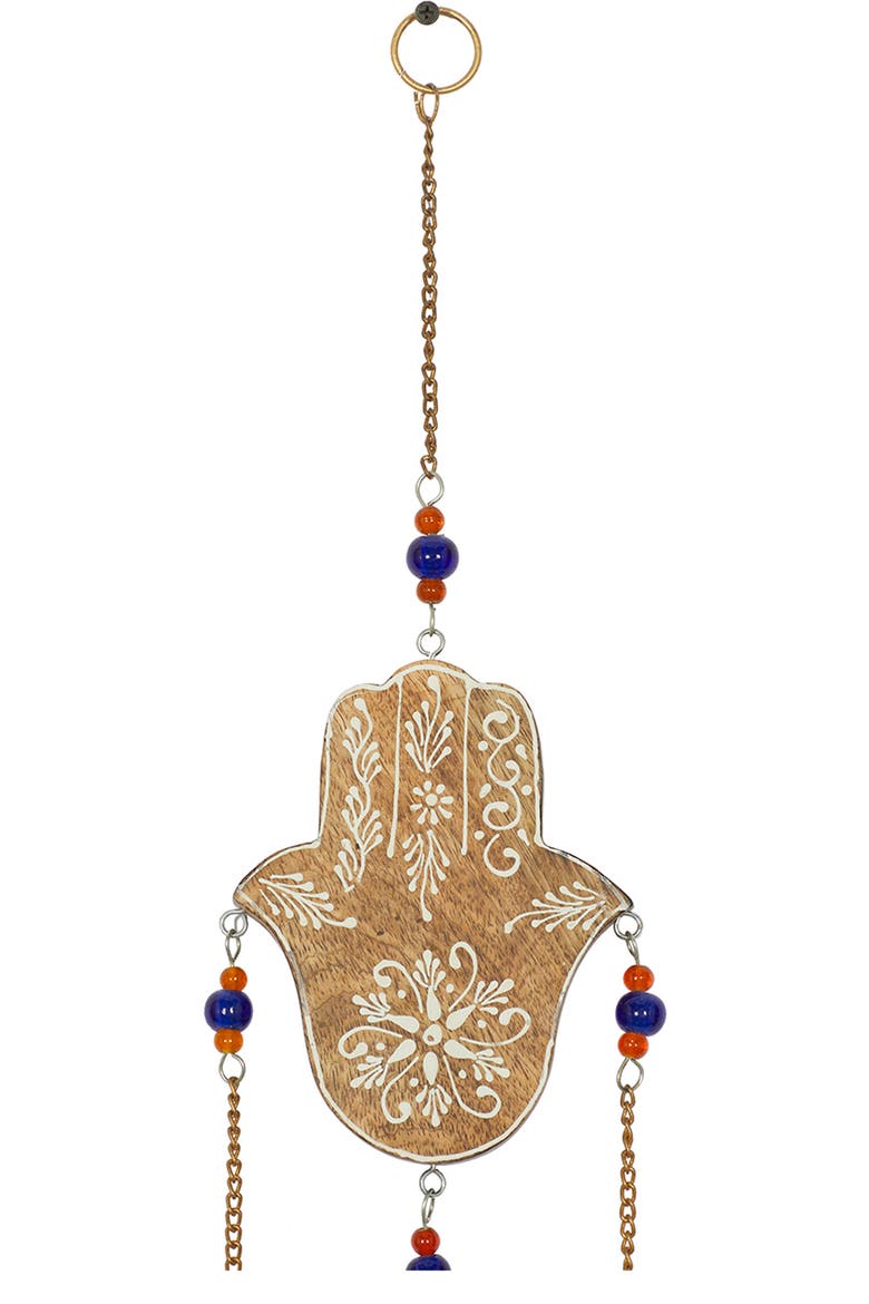Brown Mango Wood Handmade Hamsa Buddha Windchime with Glass Beads & Cone Bells, Alternate, color, BROWN