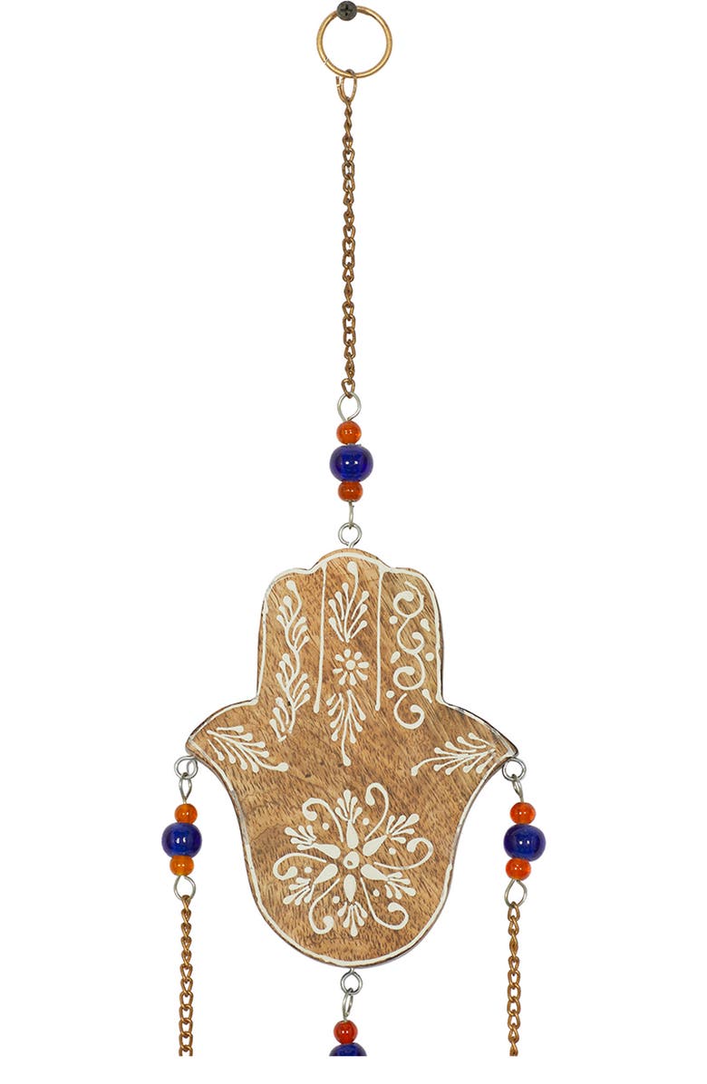 GINGER BIRCH STUDIO Brown Mango Wood Handmade Hamsa Buddha Windchime with Glass Beads & Cone Bells, Alternate, color, Brown