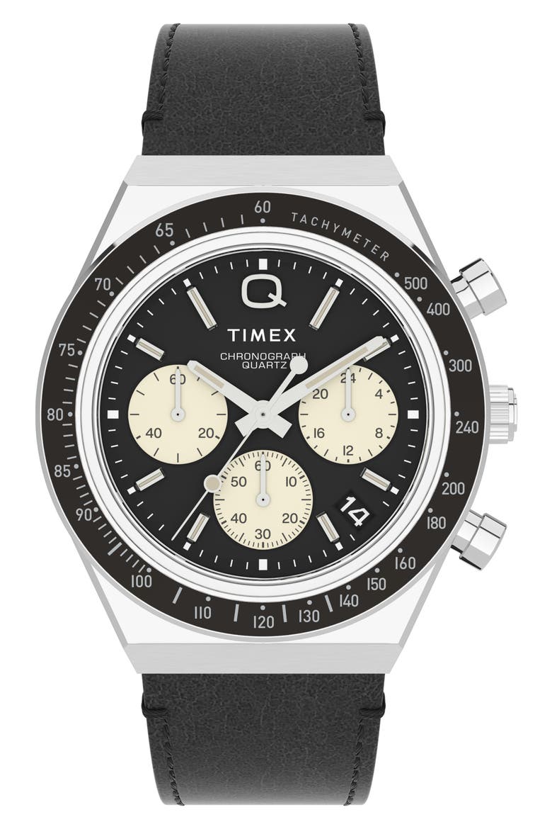 Q Timex Chronograph Leather Strap Watch, 40mm, Main, color, SILVER/ BLACK/ BLACK