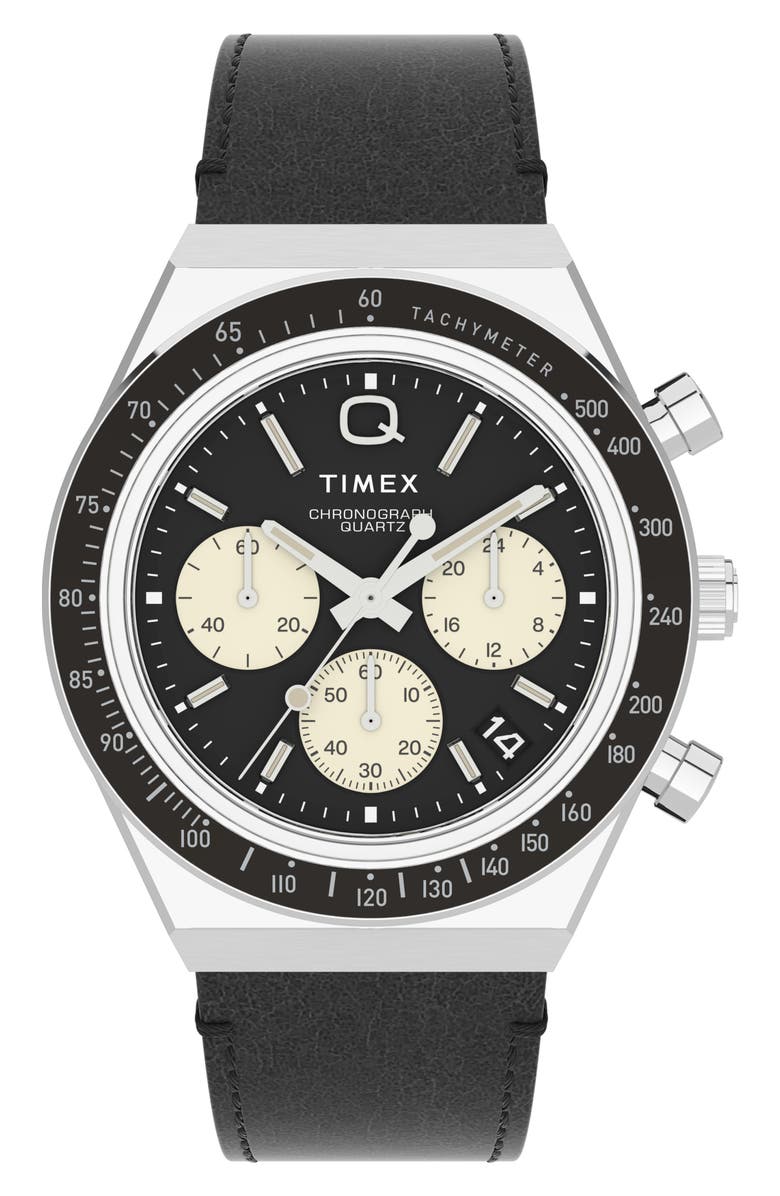 Timex<sup>®</sup> Q Timex Chronograph Leather Strap Watch, 40mm, Main, color, Silver/ Black/ Black