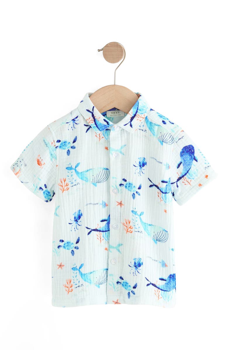 NEXT Kids' Sea Life Print Short Sleeve Cotton Button-Up Shirt, Main, color, 