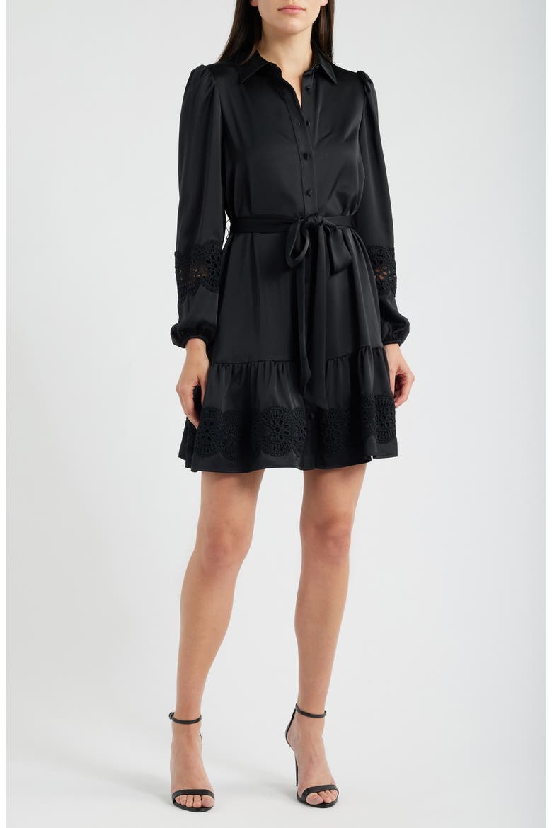 Lace Trim Long Sleeve Tie Belt Satin Shirtdress, Main, color, ANNE BLACK