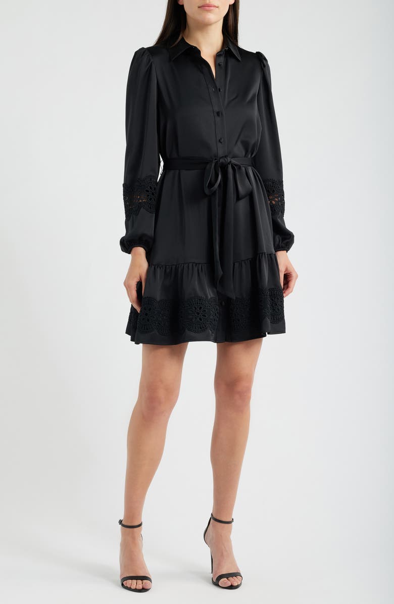 Anne Klein Lace Trim Long Sleeve Tie Belt Satin Shirtdress, Main, color, Anne Black