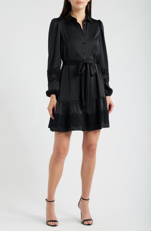 Lace Trim Long Sleeve Tie Belt Satin Shirtdress