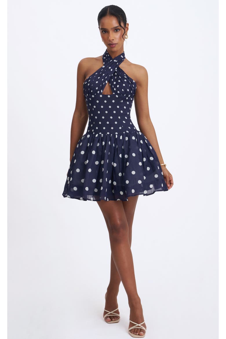 Yamina Polka Dot Ramie Crossover Halter Gathered Mini Dress, Alternate, color, Navy