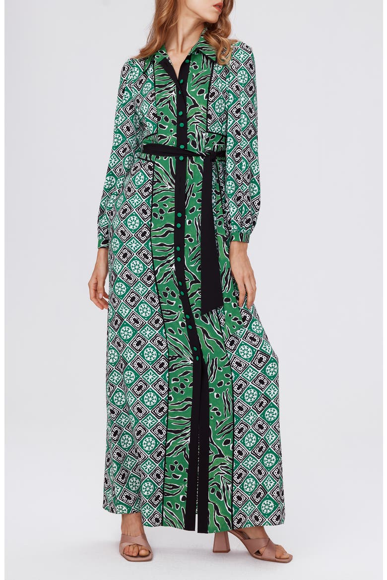 Joshua Long Sleeve Maxi Shirtdress, Main, color, PAPER CUT GEO/WTR TYG GN LG