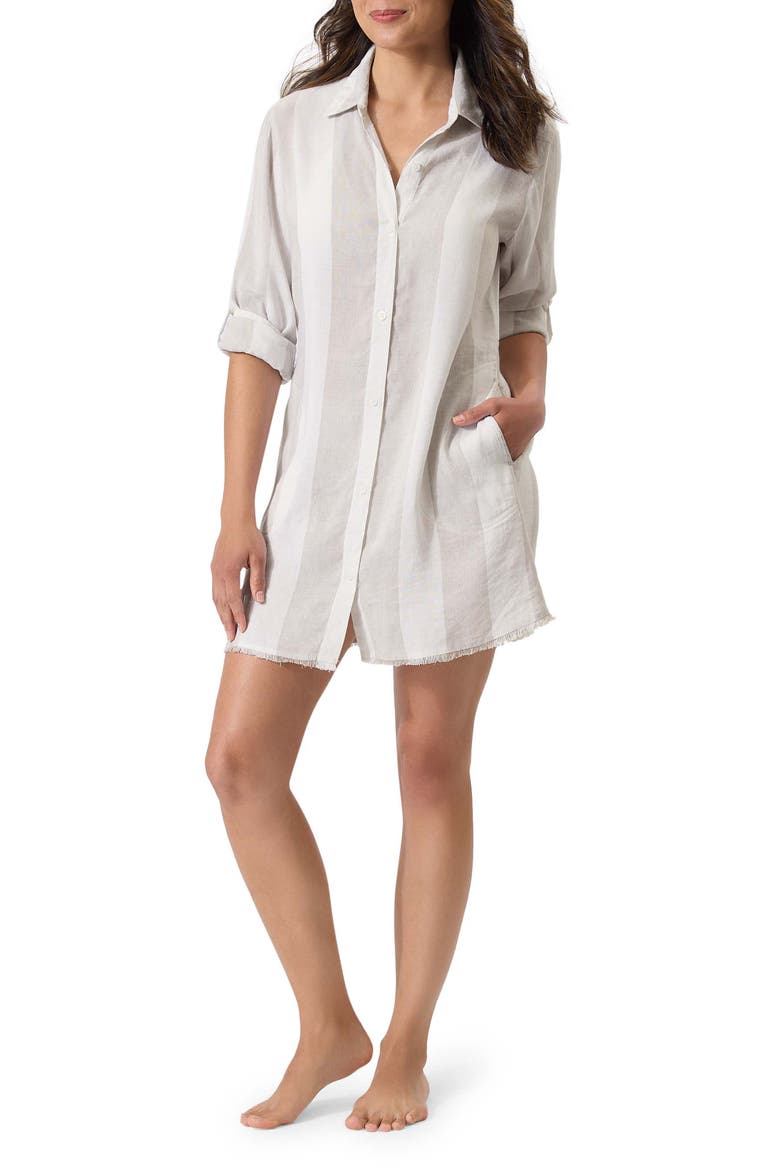 Rugby Beach Stripe Cover-Up Tunic Shirt, Main, color, MED KHAKI