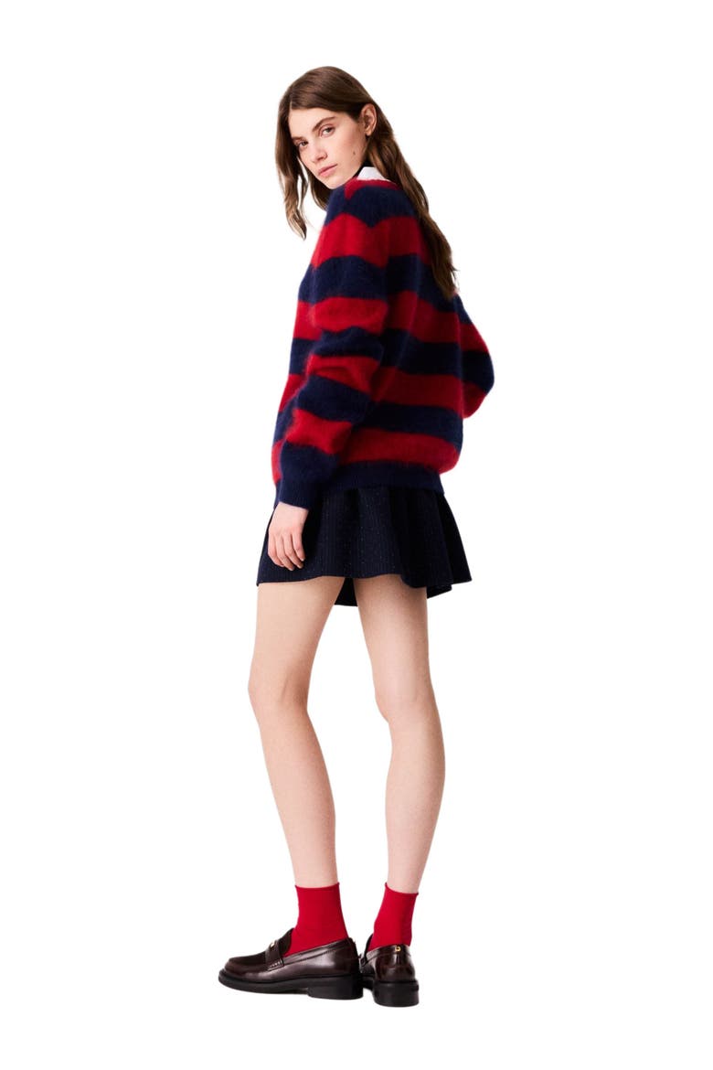 Fluffy sweater with poplin collar, Alternate, color, Navy/red