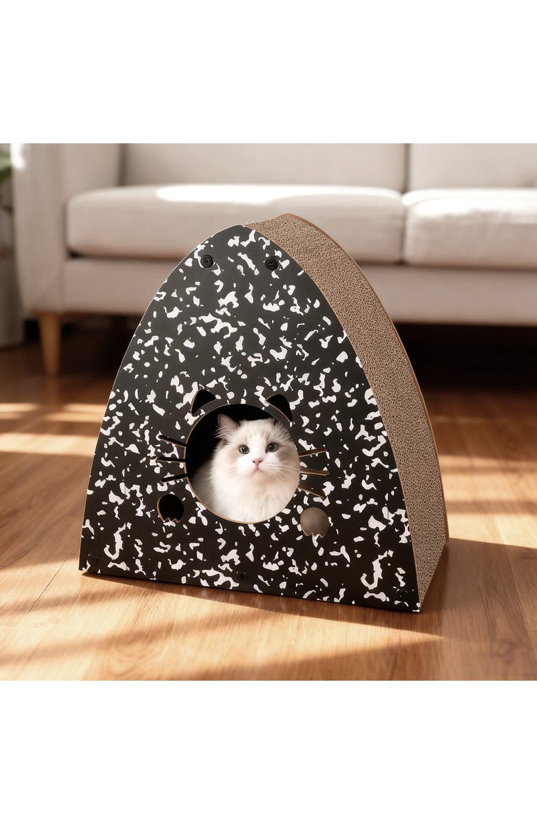 The Licker Store Koko Cardboard Triangle Cat Cave Scratcher with Catnip, Alternate, color, Black/White