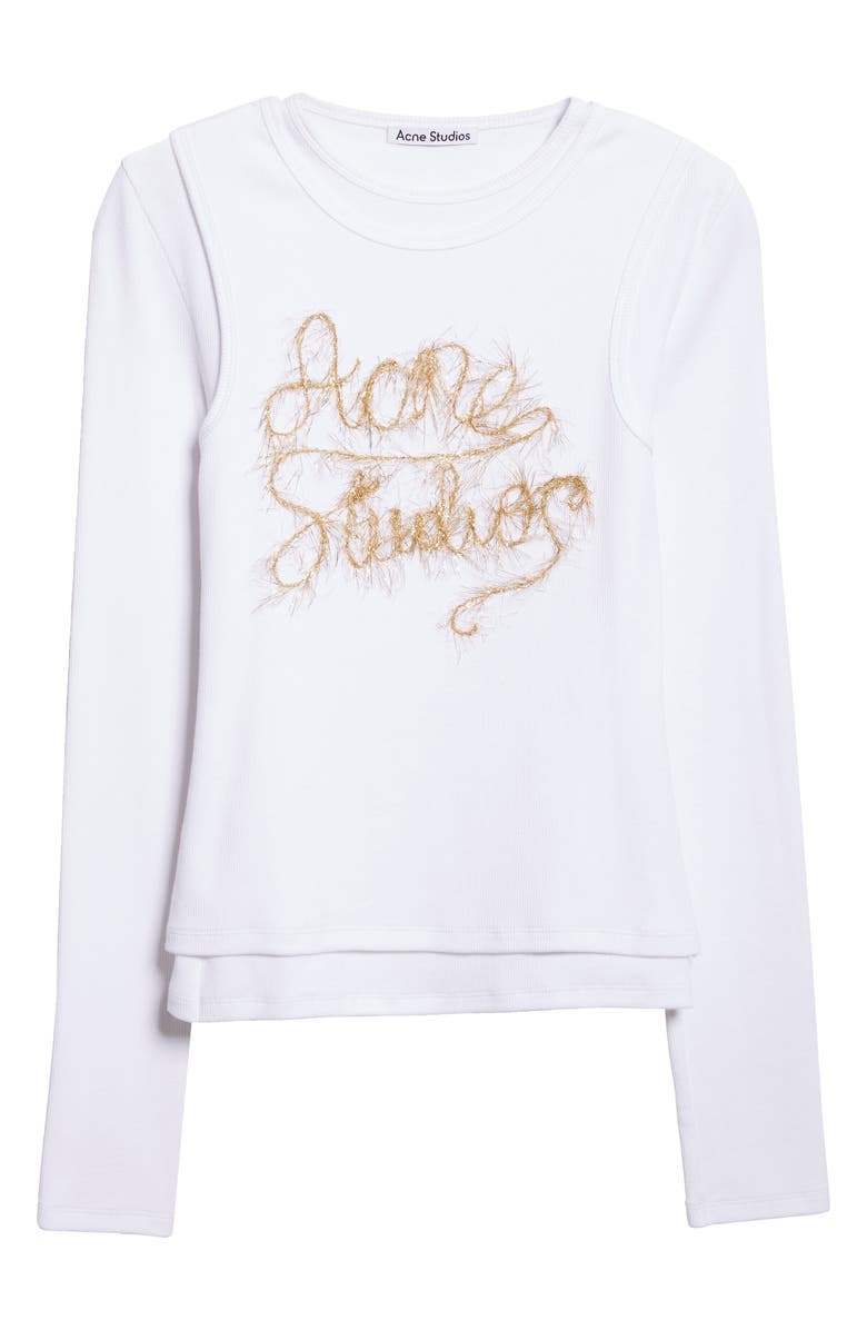 Acne Studios Elga Tinsel Logo Rib Long Sleeve Layered T-Shirt, Alternate, color, Optic White