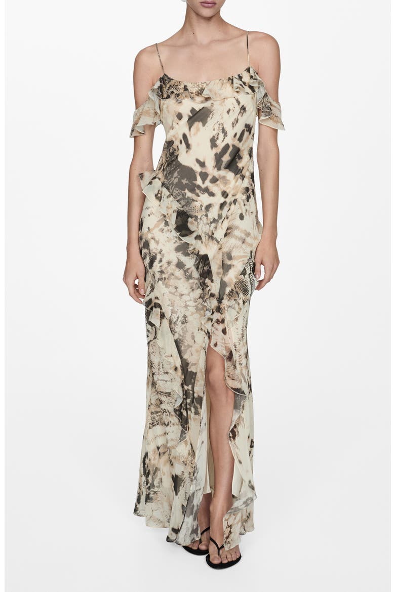Animal Print Ruffle Cold Shoulder Maxi Dress, Main, color, ECRU