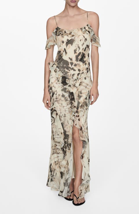 Animal Print Ruffle Cold Shoulder Maxi Dress