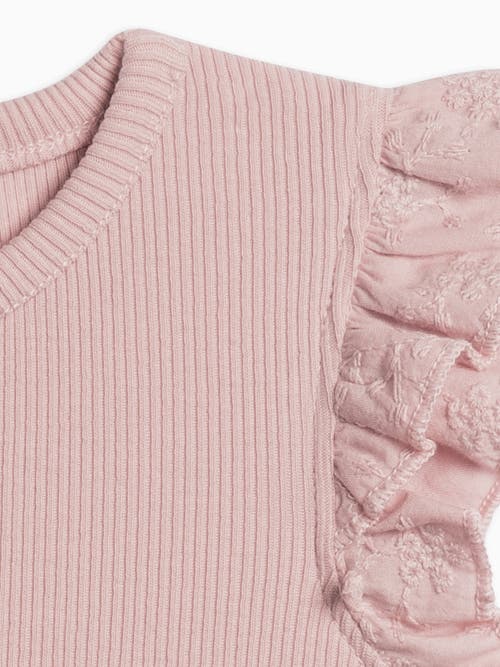 Colored Organics Organic Cotton Maggie Ribbed Short Sleeve Bodysuit With Eyelet Ruffle In Pink