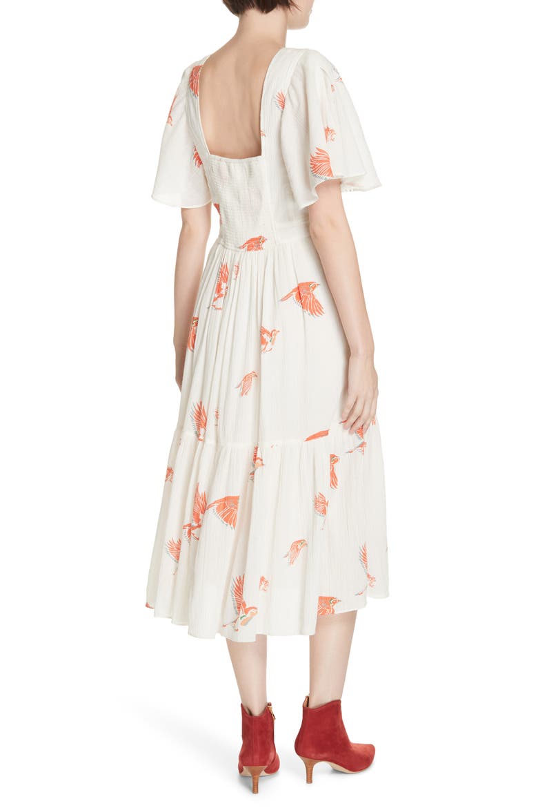 Bird Print Gauze Dress, Alternate, color, SAND COMBO