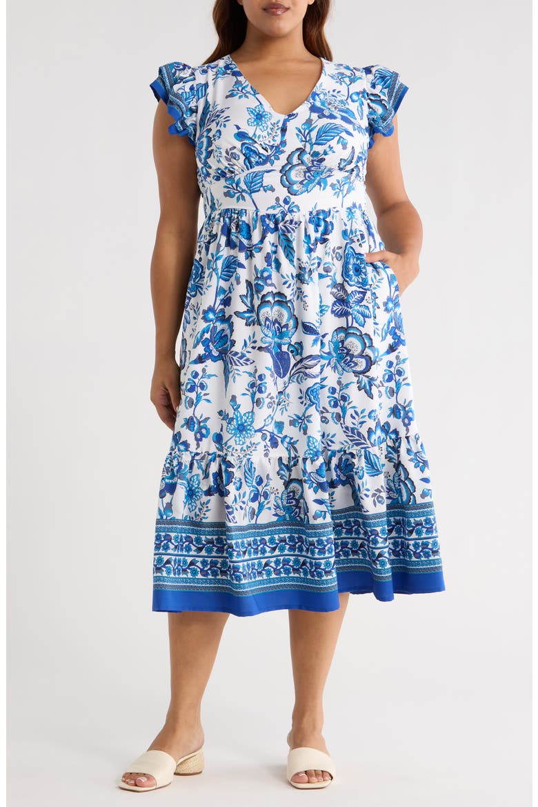 Salema Floral Print Midi Dress, Main, color, BLUE/ WHITE