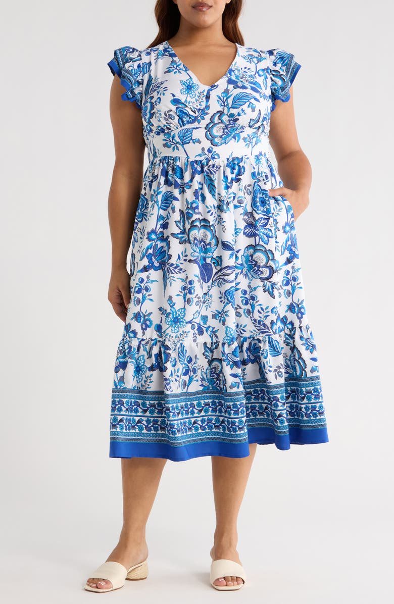 SUGARLIPS Salema Floral Print Midi Dress, Main, color, Blue/ White