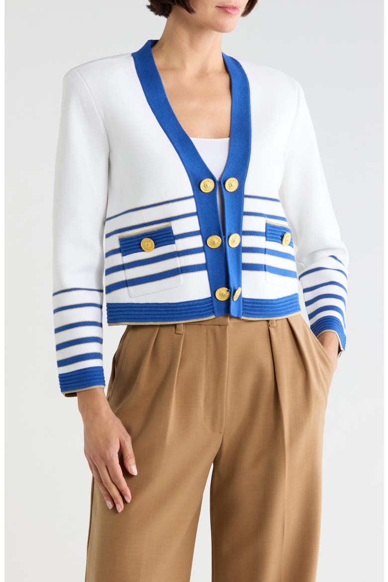 Catie V-Neck Knit Blazer, Main, color, WHITE/ NAVY/ GOLD
