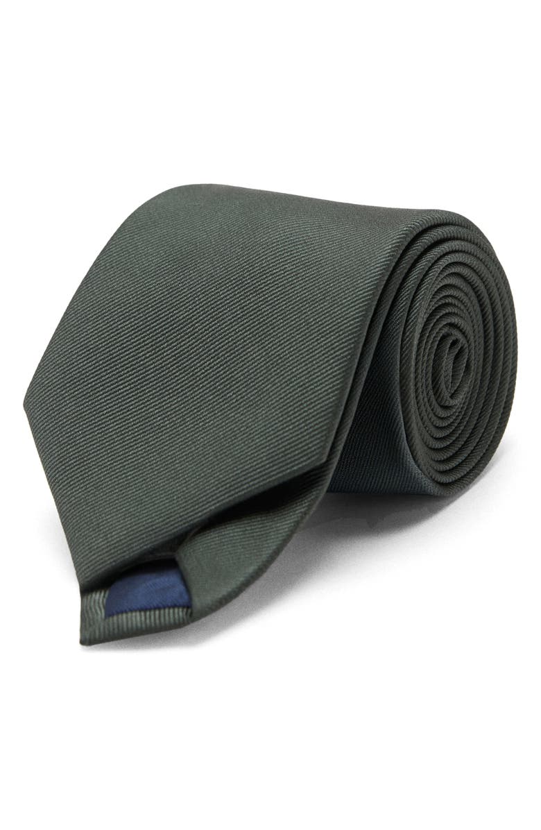 MANGO Solid Silk Blend Twill Tie, Main, color, Green