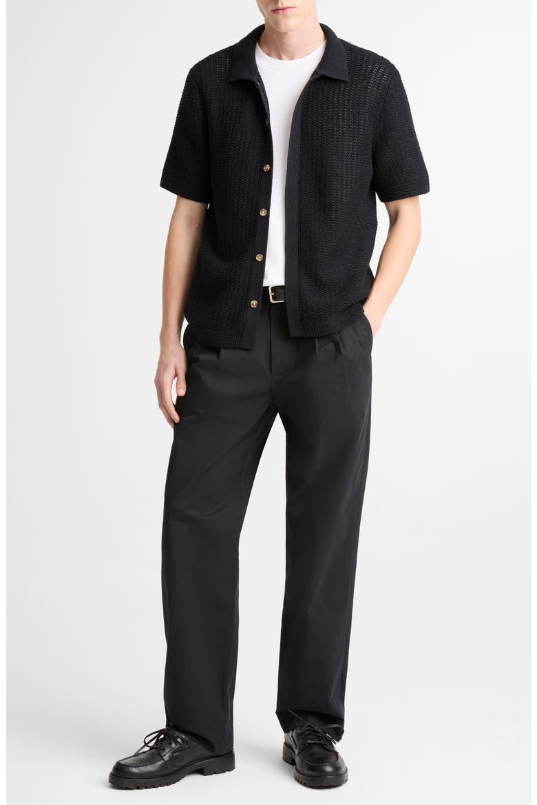 Crochet Cotton Short Sleeve Button-Up Shirt, Alternate, color, BLACK