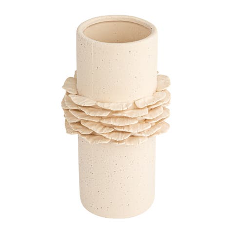 Ruffled Elegance Stoneware Vase, Matte Cream