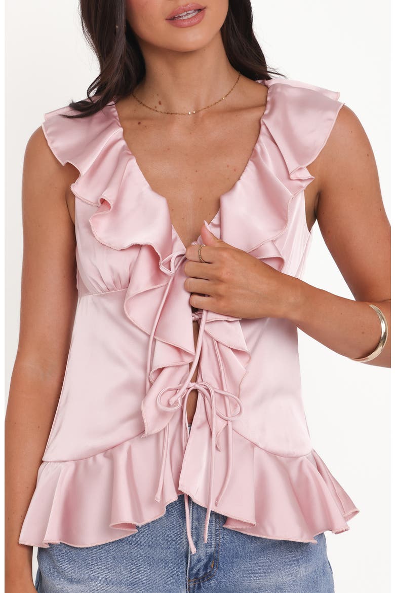 Orelia Tie Front Ruffle Satin Top, Alternate, color, PINK