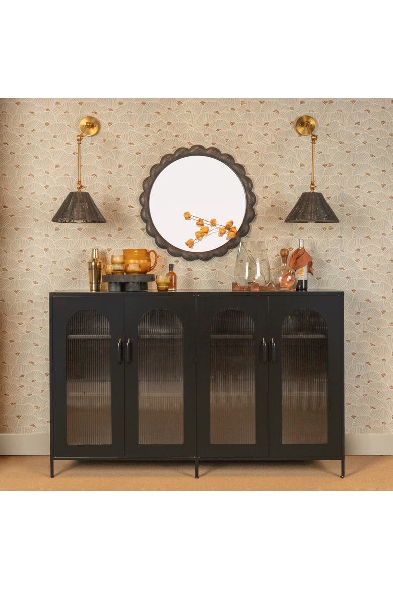 Round Scalloped Distressed Wood Wall Mirror, Black, Alternate, color, Black