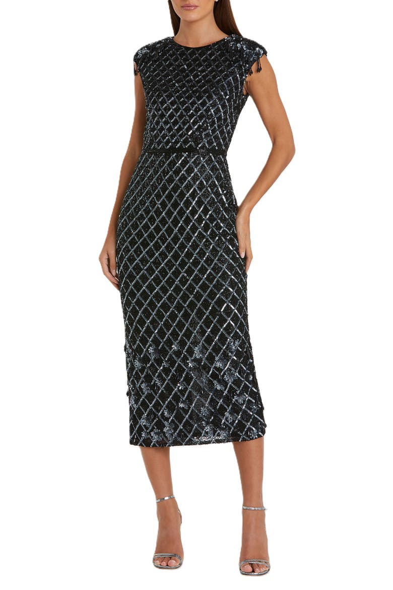 Fringe Detailed High Neck Cap Sleeve Midi Dress, Main, color, Black