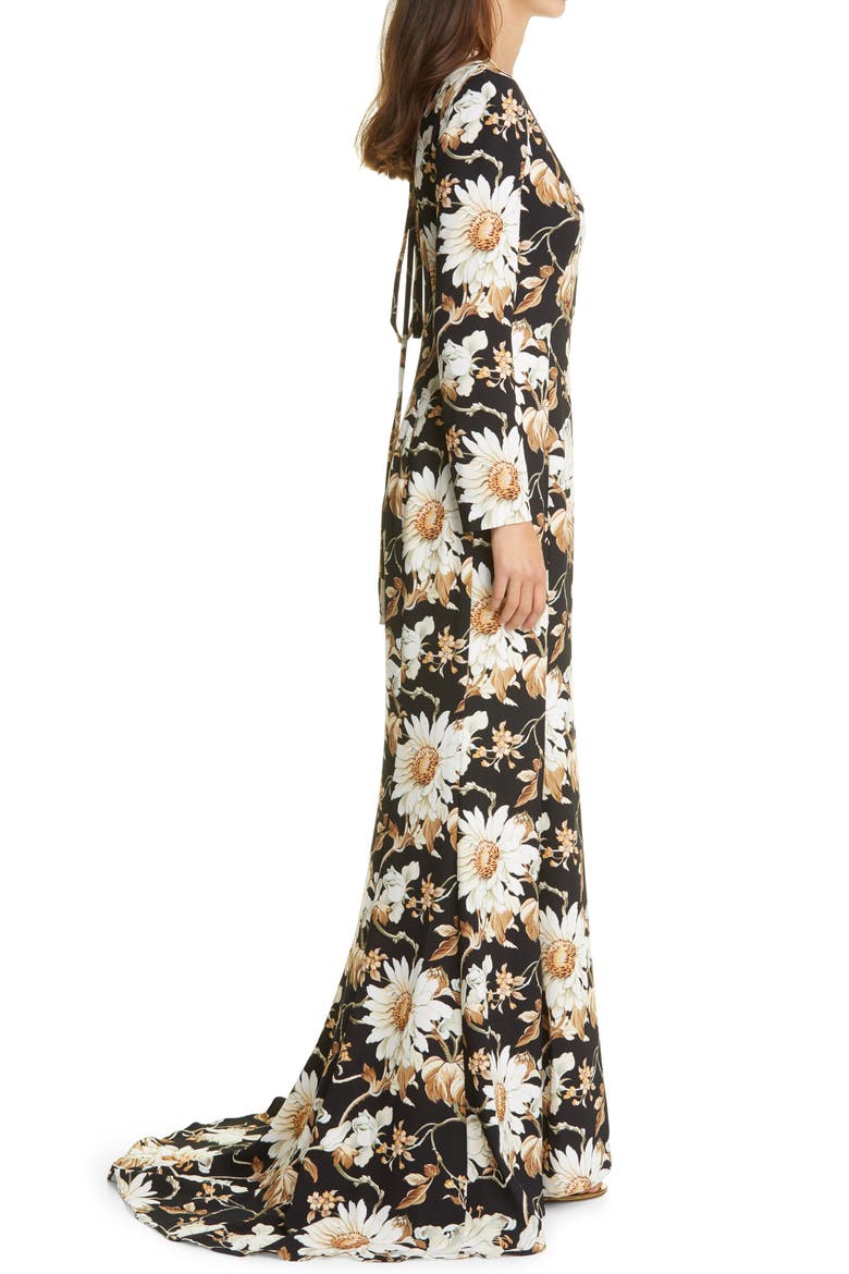 Flower & Vine Print Crepe Gown, Alternate, color, BLACK