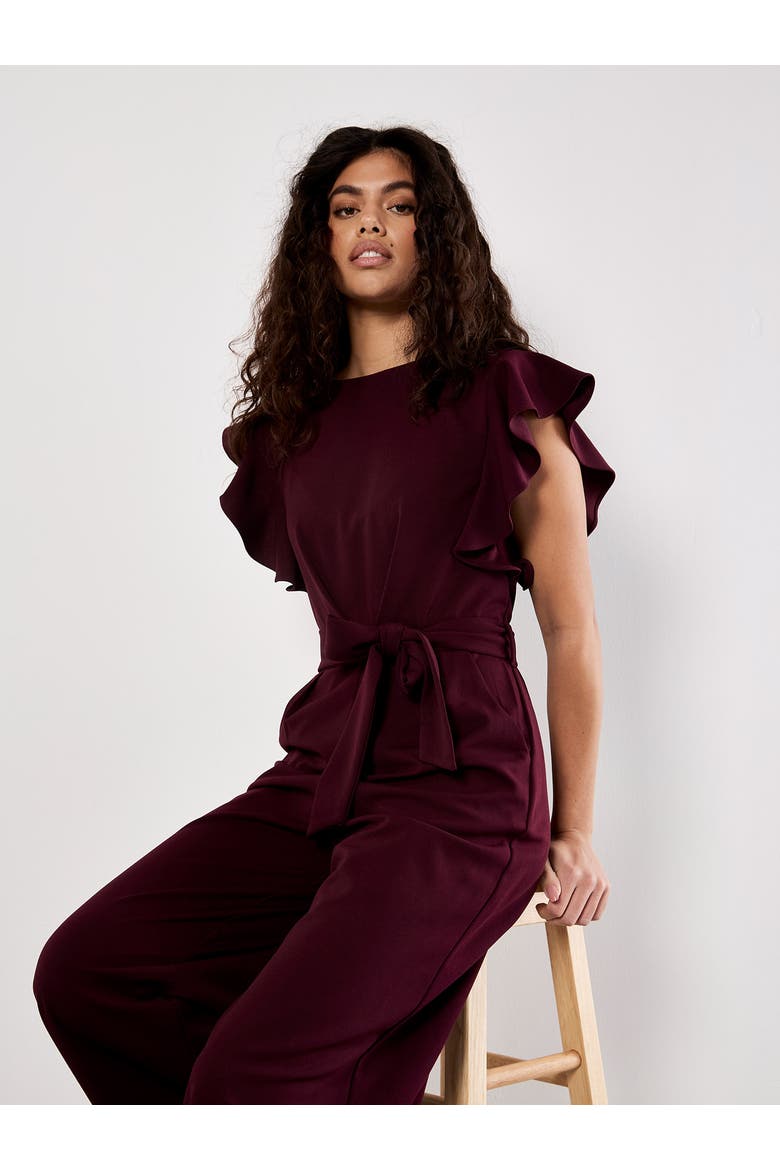 Ruffle Sleeve Pleat Detail Jumpsuit, Alternate, color, Burgundy