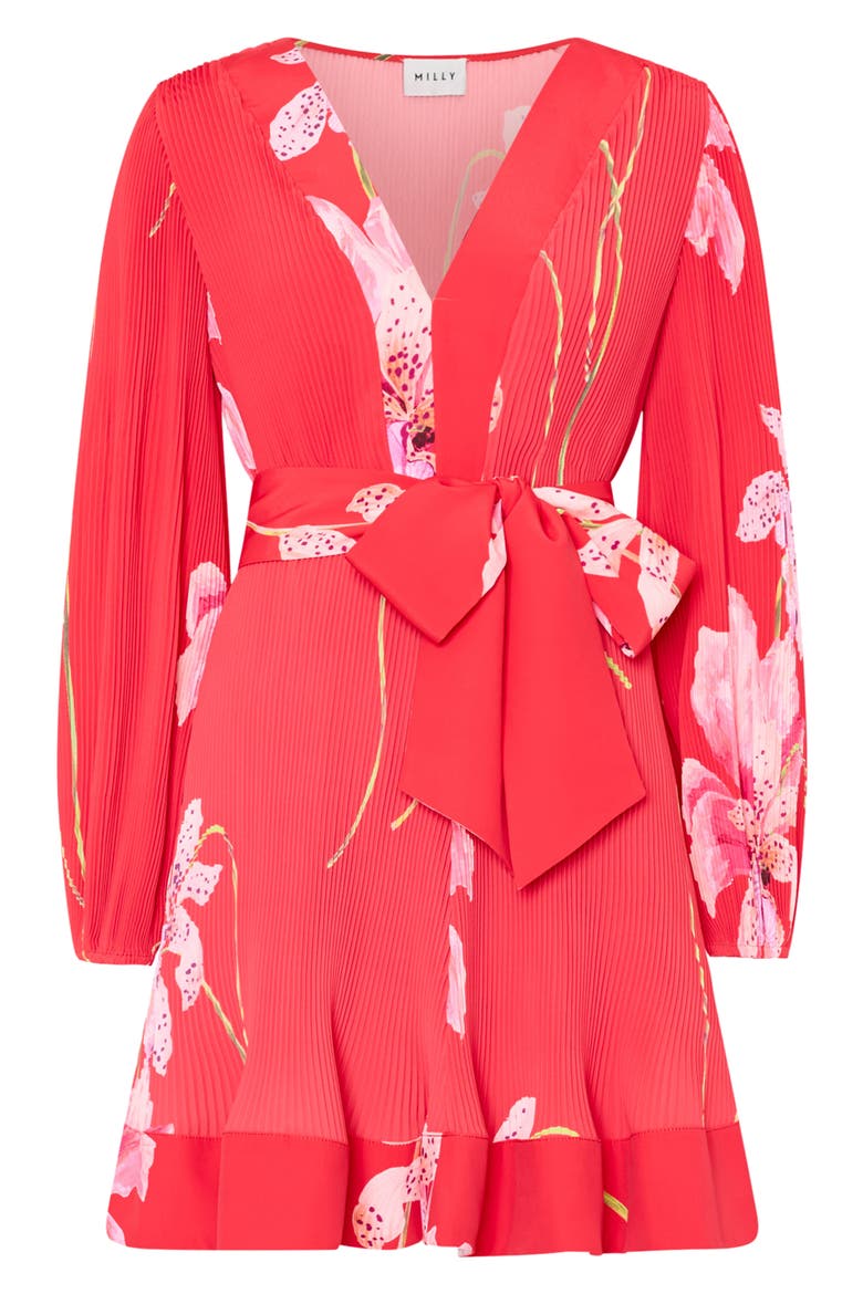 Liv Floral Long Sleeve Pleated Minidress, Alternate, color, RED MULTI