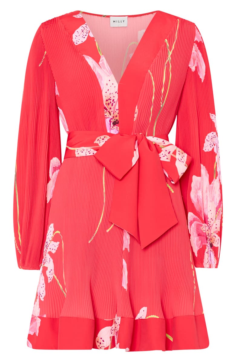 Milly Liv Floral Long Sleeve Pleated Minidress, Main, color, Red Multi