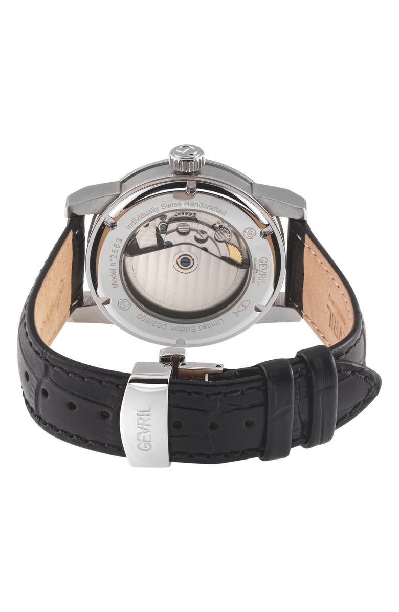 GEVRIL Madison Croc Embossed Leather Strap Watch, 39mm, Alternate, color, Black