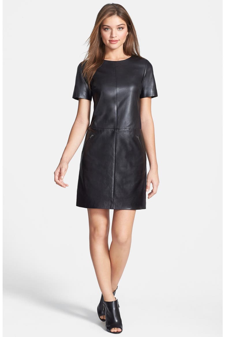 Leather & Ponte Knit Shift Dress, Main, color, BLACK