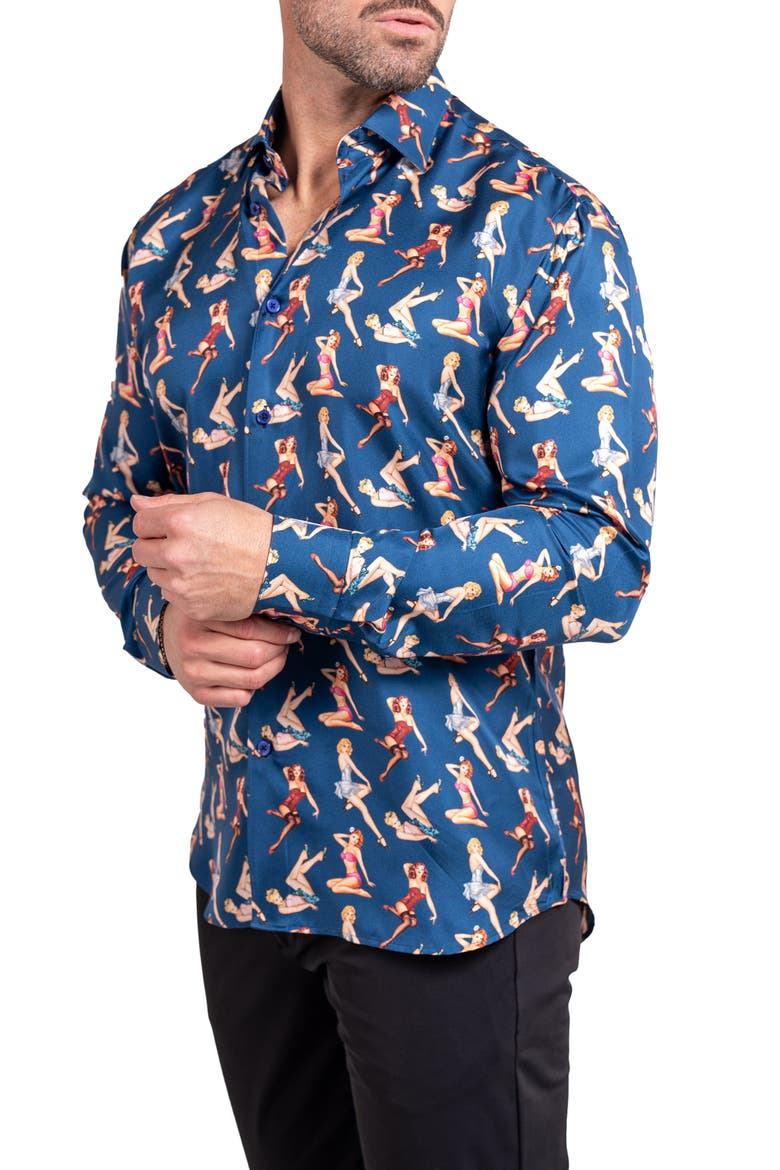 Fibonacci Ascension 0220 Pin-Up Print Contemporary Fit Button-Up Shirt, Alternate, color, BLUE