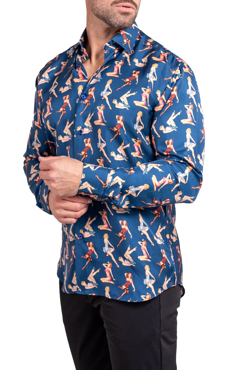 Maceoo Fibonacci Ascension 0220 Pin-Up Print Contemporary Fit Button-Up Shirt, Alternate, color, Blue