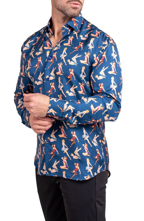 Maceoo Fibonacci Ascension 0220 Pin-up Print Contemporary Fit Button-up Shirt In Blue