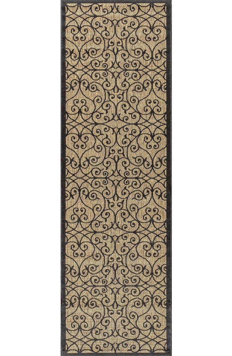 JONATHAN Y Madrid Vintage Filigree Textured Weave Indoor/Outdoor Area Rug, Main, color, Black/Khaki- Round