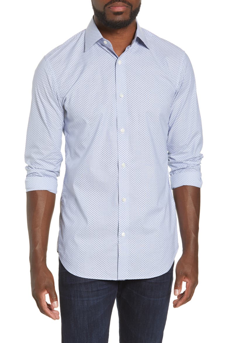 Trim Fit Geo Print Stretch Cotton Dress Shirt, Main, color, POWELL SHY VIOLET