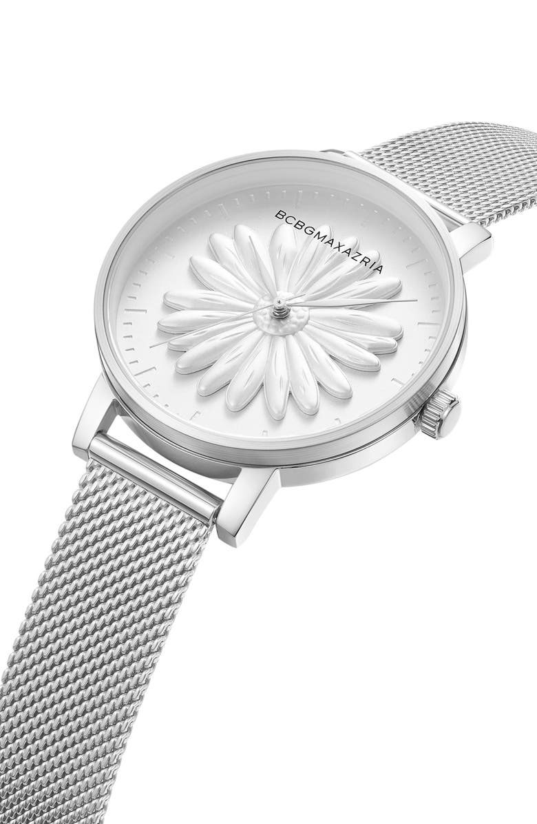 BCBG Max Azria 3D Flower Quartz Mesh Strap Watch, 38mm, Alternate, color, 