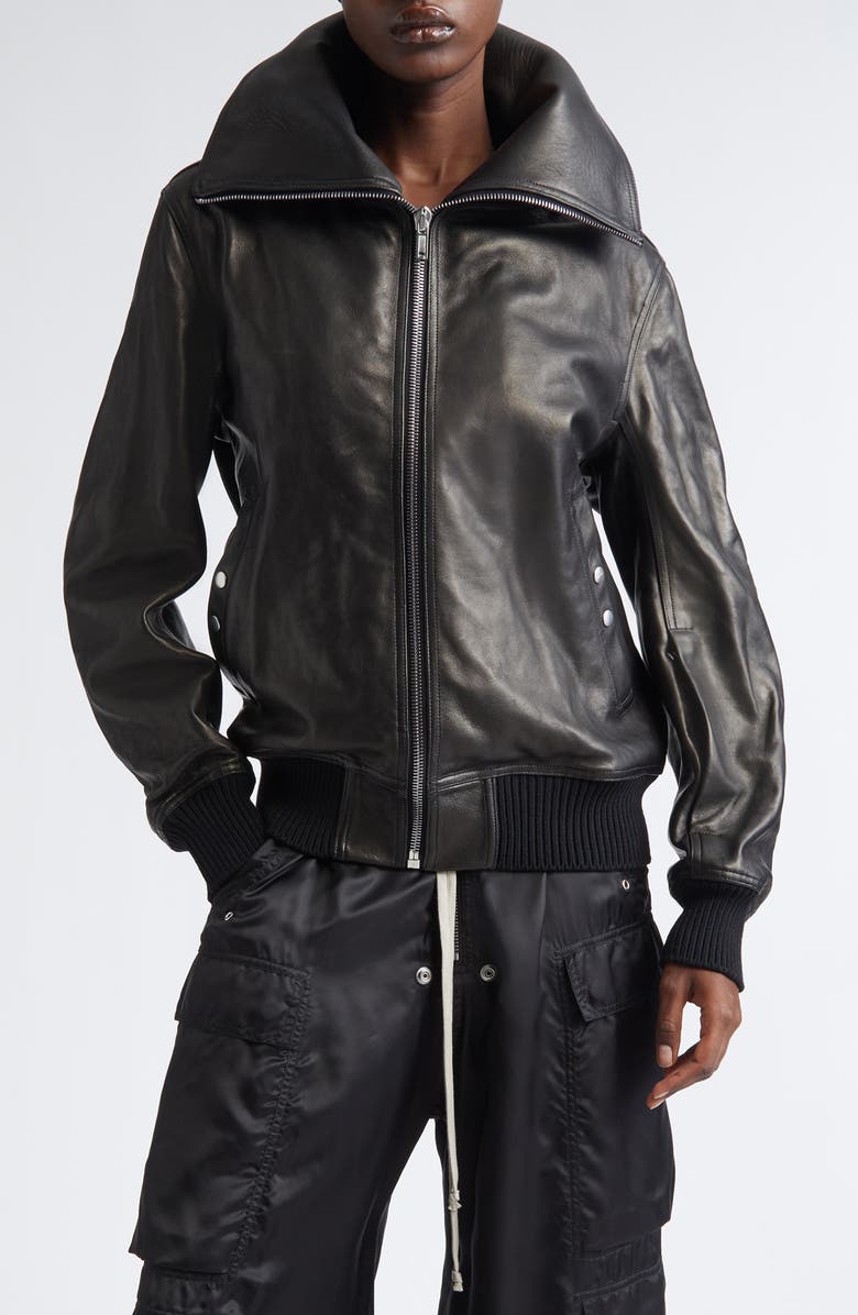 Rick Owens Concordians Dracucollar Leather Flight Jacket, Main, color, Black