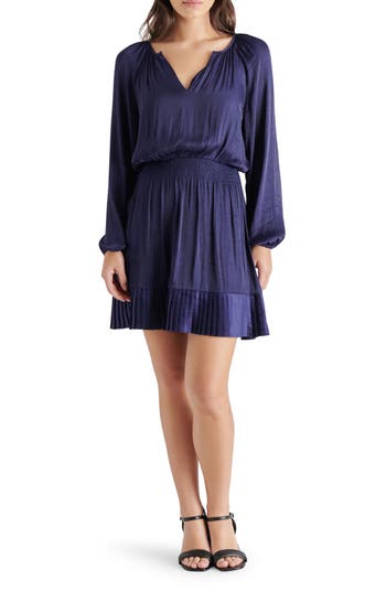 Steve Madden Adoria Pleated Split Neck Long Sleeve Satin Dress