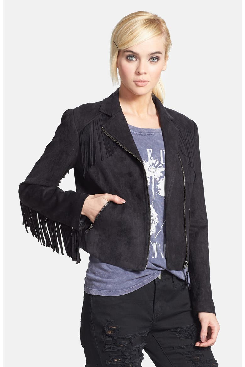 Fringed Faux Suede Jacket, Main, color, BLACK