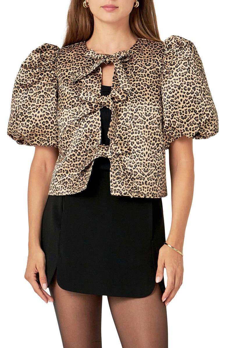 English Factory Leopard Print Tie Front Puff Sleeve Top, Main, color, 