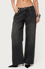 EDIKTED Quincy Studded Low Rise Wide Leg Jeans
