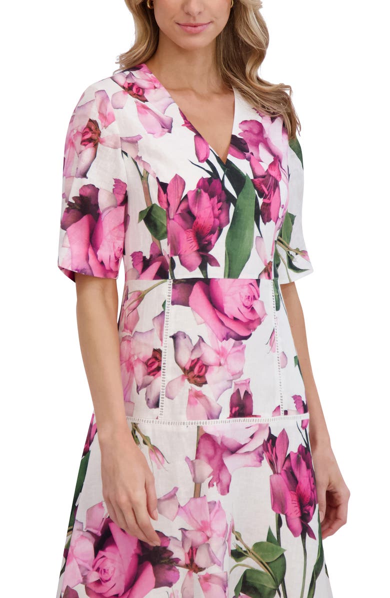 Ted Baker Floral Print V-Neck Linen Dress, Alternate, color, Ultra White